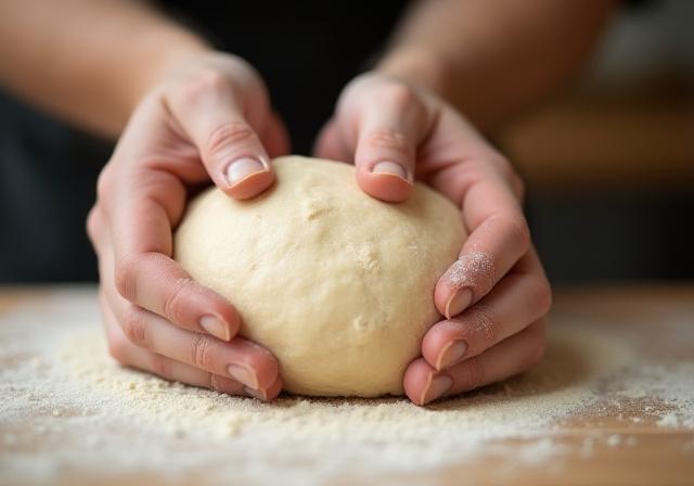 Close-up of a baker's hands expertly kneading sourdough.