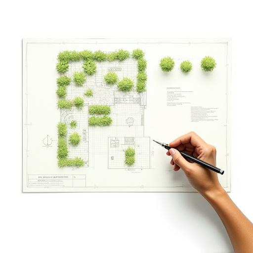 An architectural sketch of a garden layout with plant notations